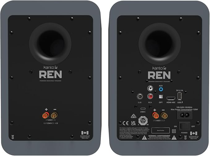 Kanto REN Grey Bluetooth Powered Bookshelf Speakers - Matte Grey Pair SP32PL 32 Fixed-Height Stands for Bookshelf Speakers - Black Pair (2024)