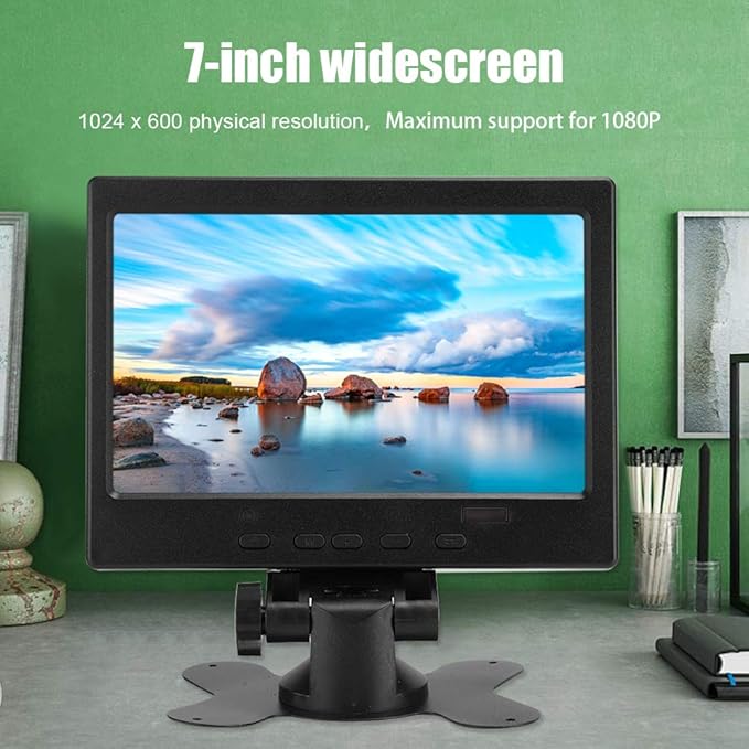 Hilitand 7 inch LCD Monitor 16:9 800:1 1024x600 250cd/m² LED Backlight Widescreen 1080P HD Monitor Mini Screen w/SpeakerSupport HDMI/VGA/AVfor/Car Display/CCTV(US)