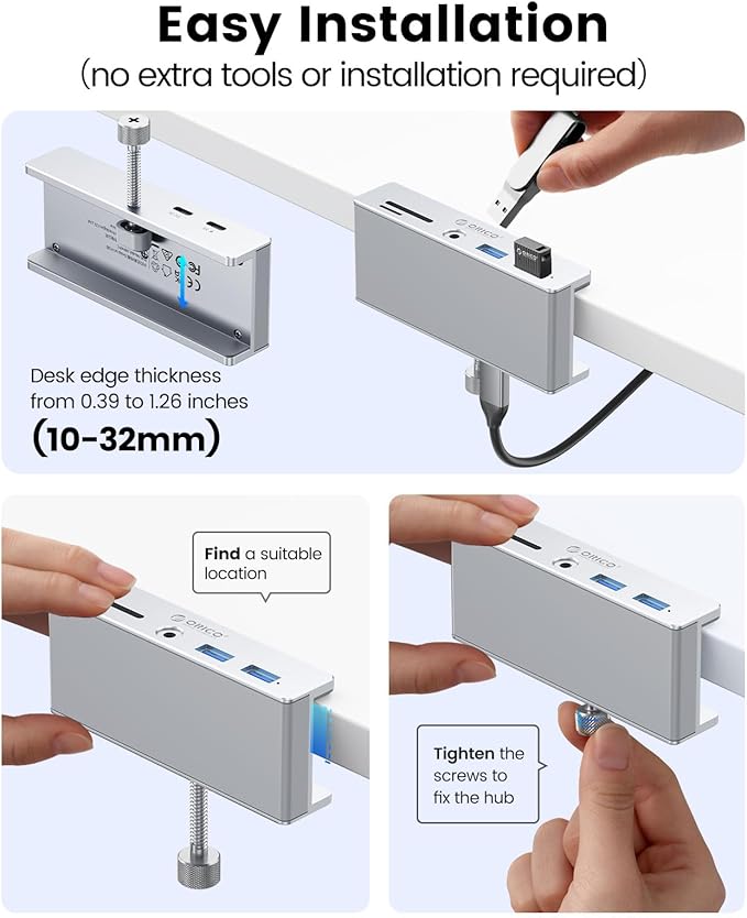 ORICO USB Hub 3.0 Clamp USB Hub with Extra Power Port Aluminum USB C Adapter with 2 USB-A Data Ports3.5mm AUX SD/TF Card Reader for Desktop(Silver)