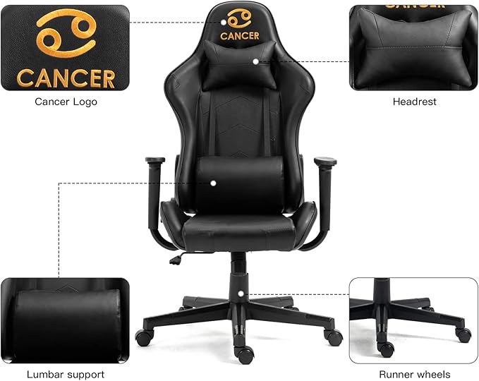 Modern-Depo Black Gaming Chair with Zodiac Star Sign Ergonomic Design Adjustable Swivel and Lumbar Support for Office or Gaming