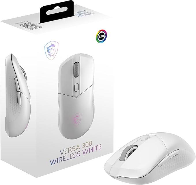 msi Versa 300 Wireless White Gaming Mouse 8000 DPI 30M+ Clicks Kailh Switch Optical Sensor Ergonomic Ambitextrous Hand Design RGB Light
