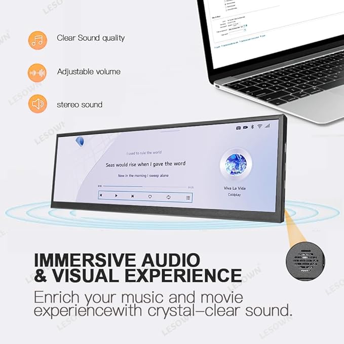 12.6 Inch Stretched Bar LCD Touchscreen Display IPS 1920x515 Small Sub Monitor Wide USB C &amp mini HDMI Monitor with Stand Dual Speakers for PC Laptop Computer