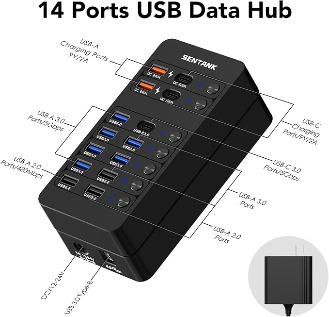Powered USB Hub SENTANK 14 Port USB 3.0 Hub Splitter (6 USB 3.0 Data Ports + 4 Fast Charging Ports) with Independent LED On/Off Switch with 60W Power Adapter for Mac PC