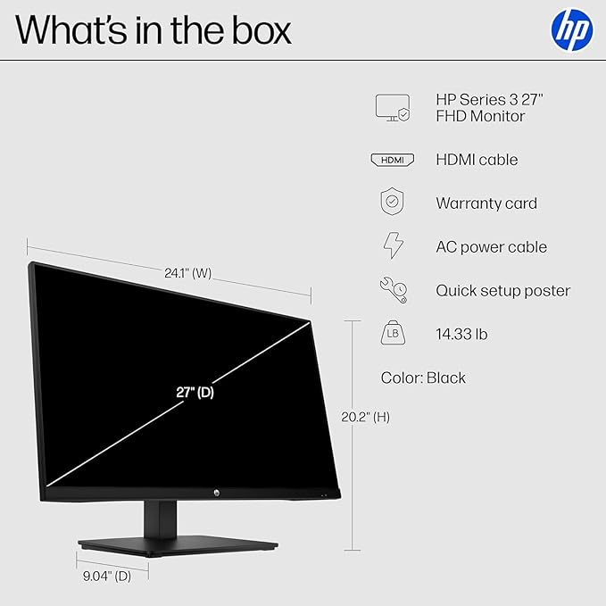HP 27 IPS LED FHD Monitor - Built-in Dual 2W Speakers - 100Hz - HDMI DisplayPort VGA - Series 2025 Office Monitor - Eye Ease with Eyesafe Certification Black w/HDMI