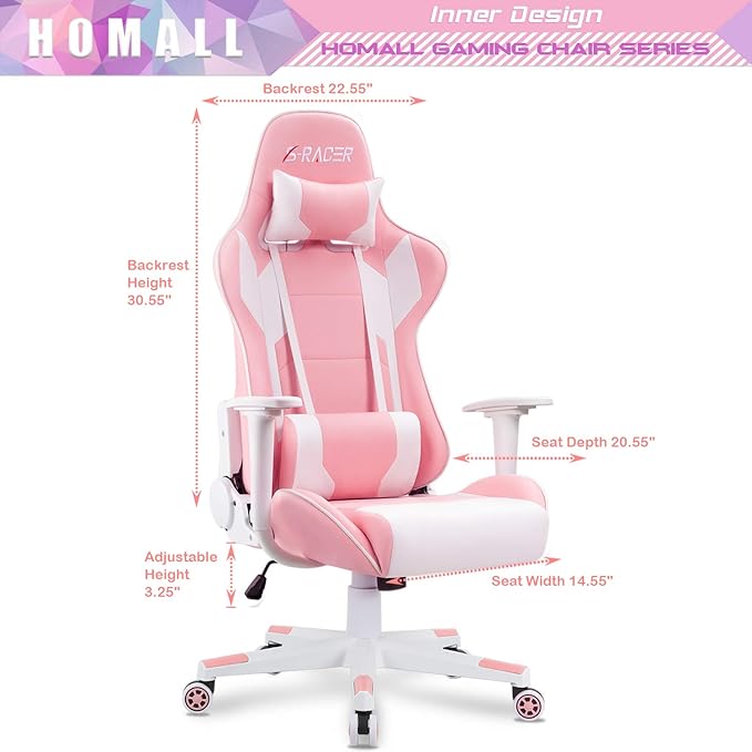 Homall Gaming Chair Office Chair High Back Computer Chair Leather Desk Chair Racing Executive Ergonomic Adjustable Swivel Task Chair with Headrest and Lumbar Support(Pink)