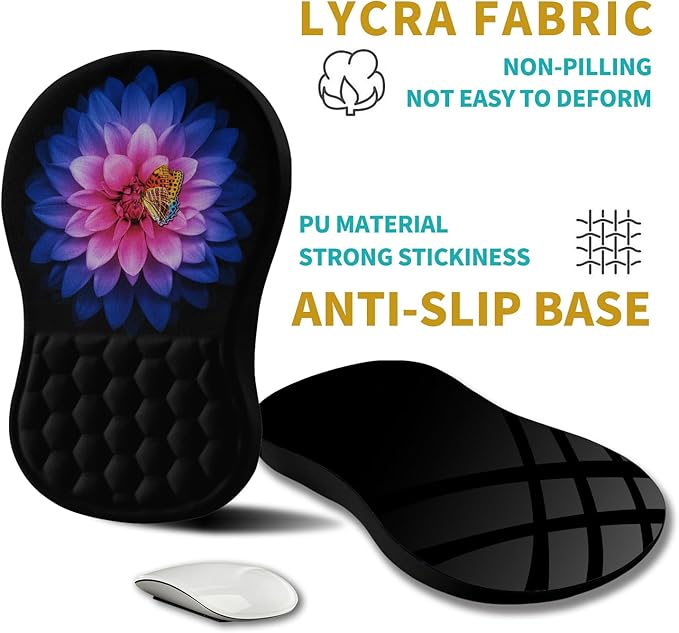 Hokafenle Ergonomic Mouse Pad Wrist Support Wrist Rest Mousepad for Carpal Tunnel Pain Relief with Integrated Memory Foam Slope Massage Bulge (11.8x7.9 inchButterfly Lotus Floral