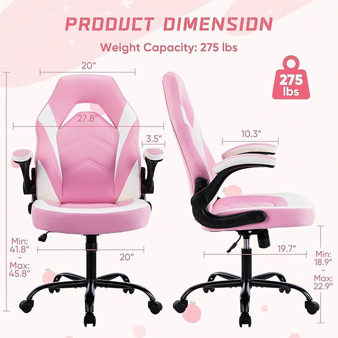 OLIXIS Computer Gaming Desk Chair - Big and Tall Ergonomic Lumbar Support with Flip-up Armrest and 360° Swivel Wheels PU Leather Height Adjustable for Home and Office Pink