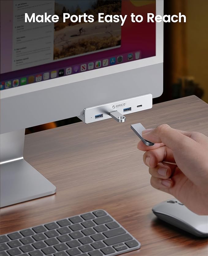 ORICO USB Hub 3.0 Clamp USB Hub with Extra Power Port 3 USB-A Data Ports USB-C Port for Monitors Desks(Silver)