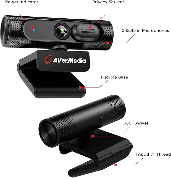 AVerMedia PW315 TAA/NDAA Compliant 1080p 60fps Webcam – Wide-Angle USB Camera with Dual Mics &amp AI Auto Framing Fixed Focus HD Webcam for PC/Mac Zoom Teams Google Meet Streaming Content Creat
