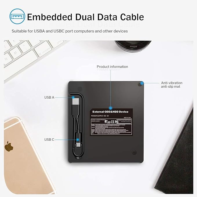 External DVD Drive CD Drive USB 3.0 Typle C CD/DVD ROM +/-RW Adapter with USB Port DVD Burner for Laptop PC Desktop Computer Optical Disk Drive CD Player Compatible with Mac Windows Linux