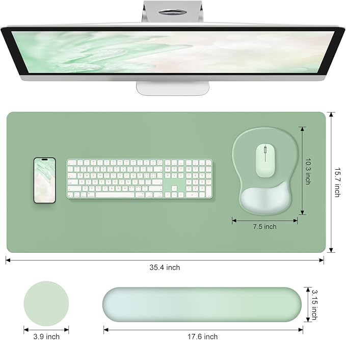 4-in-1 Large Gaming Mouse Pad Keyboard Wrist Rest Pad &amp Wrist Support Mousepad Set Extended Desk Pad Waterproof Desk Mat Protector for Home Office Decor Study Game 35.4×15.7 Inches I Sage Green