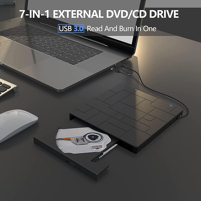 External CD/DVD Drive for Laptop USB 3.0 Type-C DVD Player CD Burner ROM +/-RW Optical Reader Writer Disk Drive with 4 USB Ports and 2 SD Card Slots for Windows/7/8/10OS and Linux (Black)