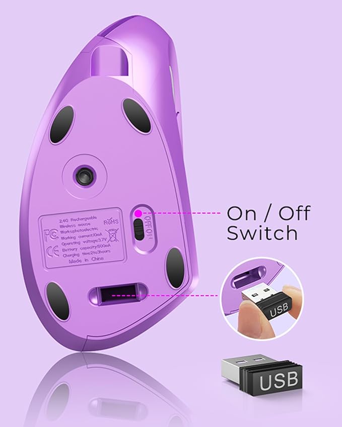 Lekvey Ergonomic Mouse Wireless Vertical Mouse Rechargeable 2.4 GHz Optical Carpal Tunnel Mice : 800/1200 / 1600 DPI 6 Buttons for Laptop PC Mac Computer Desktop Notebook etc Purple
