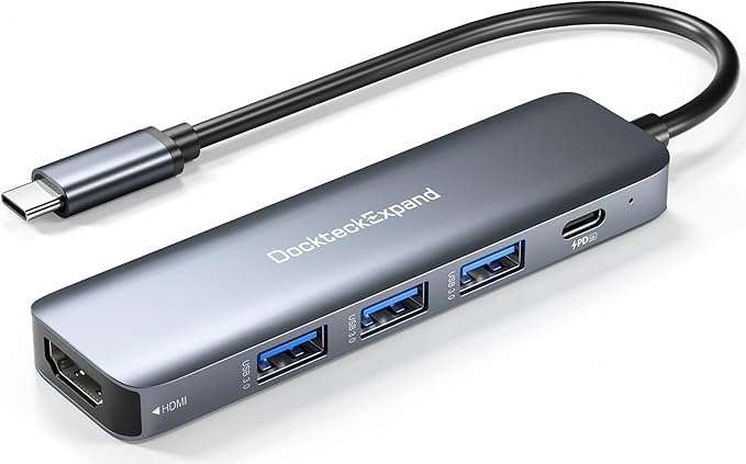 USB C HUB DockteckExpand USB-C Multiport Adapter 5 in 1 with 4K HDMI 100W Power Delivery 3 USB 3.0 Data Ports for MacBook Pro/Air iPad Pro/Air/Mini 6 and More