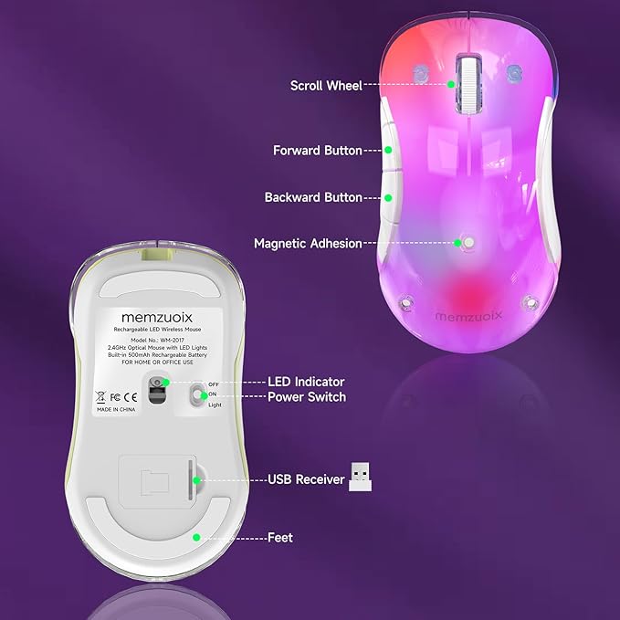 memzuoix 2.4G Wireless Mouse with Customizable Cover &amp 9-Color LED - Rechargeable Ergonomic 1400 DPI 5 Buttons USB Receiver for PC/Mac - Purple