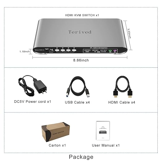 HDMI KVM Switch 4 in 1 Out with Hotkey Mouse Switching Audio Mic Support 4K@60Hz USB 3.0 Hub Digital Display Terived Aluminum KVM with Cables Included