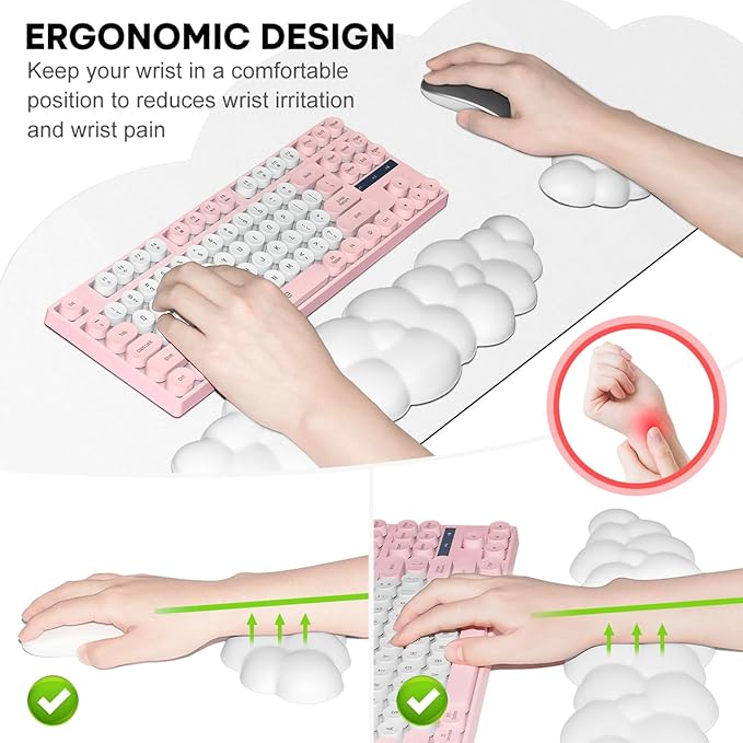 JIKIOU Large Cloud Mouse Pad Waterproof with Cloud Keyboard Wrist Pad and Cloud Mouse Wrist Pad Set Ergonomic Computer Desk Wrist Support Mousepad for Keyboard and Mouse White