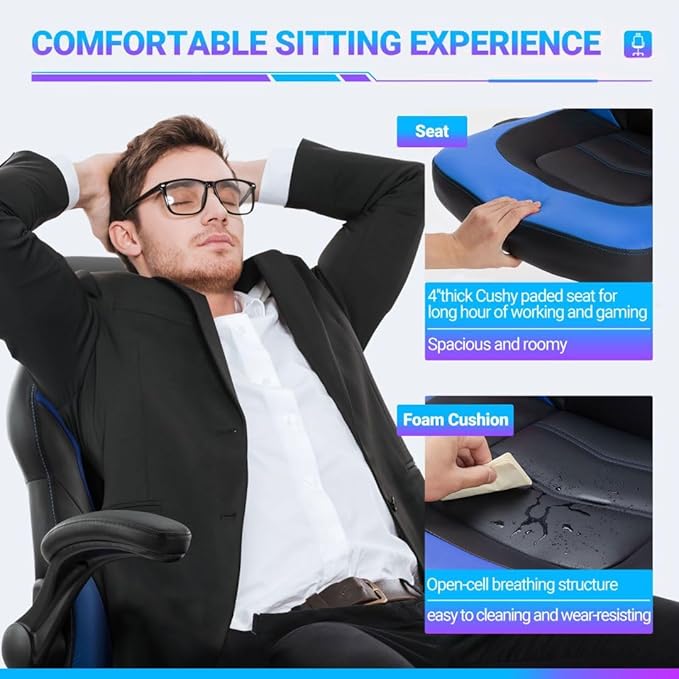 Heavy Duty Gaming Chair Ergonomic Gamer for Home Office with Lumbar Support Adjustable Backrest Flip-Up Armrest and Stable 360° Swivel Wheels for Adults Professional Gamers and Teens Black-Blue