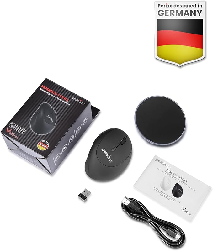 Perixx PERIMICE-719RX Wireless 2.4G Rechargeable Ergonomic Mouse - Duo Wired and Cordless Charging Feature - Wireless Charger Included - Black