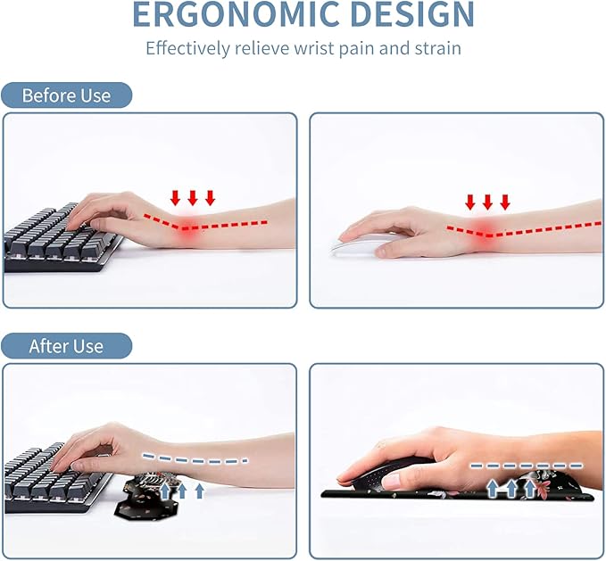 Keyboard Wrist Rest &amp Ergonomic Mouse Wrist Rest Pad Set Octagon Mouse Pad Made of Memory Foam with Non Slip Rubber Base Easy Typing Relieve Wrist Pain for Computer Office - Floral Skull