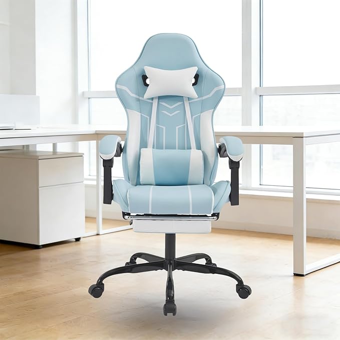 Ergonomic Gaming Chair with Massager Big and Tall Computer Chair with Reclining Footrest Swivel Game Chairs for Adults Home Office (Leather (Blue&ampWhite)