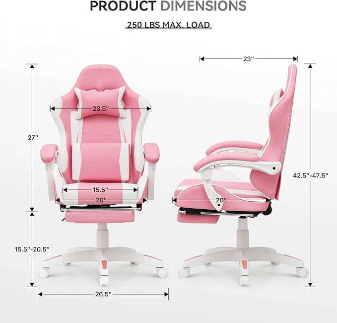 Gaming Chair Ergonomic Computer Chairs with Arms Lumbar Support Footrest Headrest 360°Swivel Chair Adjustable Back and Height Leather PC Chairs for Gaming Study Office Pink