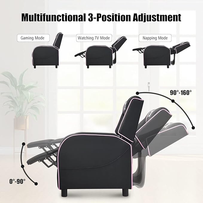 8AM Office Gaming Massage Recliner Sofa Ergonomic PU Leather Gaming Recliner Sofa with Footrest Lumber Support Side Pouch &amp Remote Control for Gaming Living Room Theater (Pink)