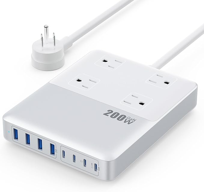 12-in-1 Charging Station USB C Power Strip with 5ft Cord200W GaN IV USB C Charger Block4 AC Outlets8 USB for MacBookiPhone 16/15/14Fast Charging Desktop Charger for Office (A-White)