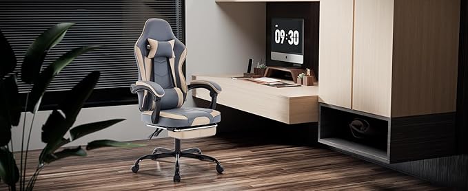 Gaming Chair with Massage and Footrest Ergonomic High Back PC Racing Chair 300LBS Capacity with Adjustable Lumbar Support &amp Headrest for Office and Desk (Model E Beige+Blue)