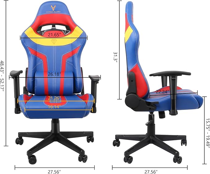 Modern-Depo Video Gaming Chair High Back Ergonomic Computer Chair with Lumbar Support Headrest Height Adjustable Swivel PVC Leather Recliner Blue Red
