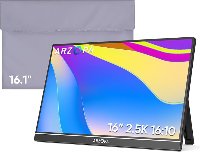 ARZOPA 16 2.5K Portable Monitor 2560x1600 QHD 123% sRGB IPS Display and 16.1 Portable Monitor Sleeve Case Bundle