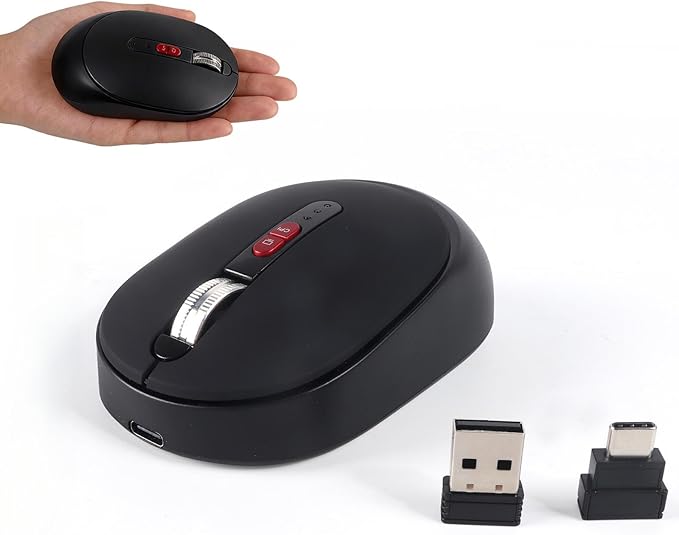 Dual Mode Wireless Bluetooth Mouse - USB-C &amp USB-A Receiver Rechargeable Silent Click for Laptop Tablet PC - Perfect for Students &amp Professionals Travel-Friendly (Black)