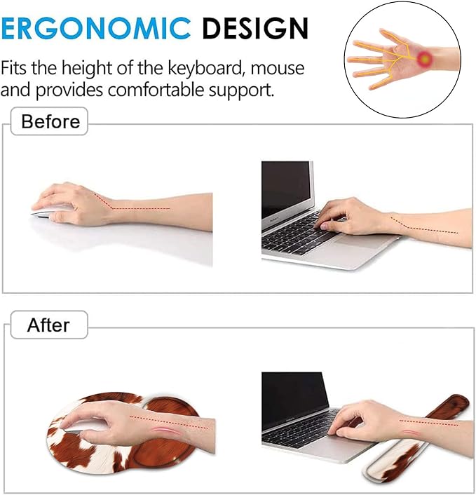 Keyboard Wrist Rest and Mouse Pad Wrist Support Set with CoasterComfortable for Easy TypingPain ReliefMemory Foam Keyboard Pad Set for Laptop MacCowhide Farm Animal Skin Leopard Brown Cow