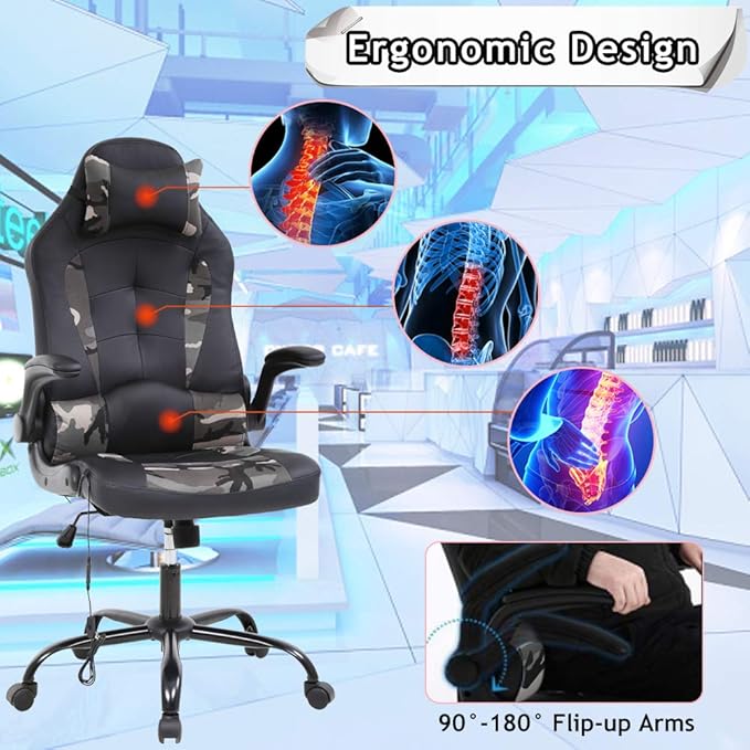 Massage Gaming Chair Ergonomic Office Chair High Back Desk Chair PU Leather Executive Chair with Lumbar Support Headrest Armrest PC Racing Computer Chair Task Rolling Swivel Chair Camo
