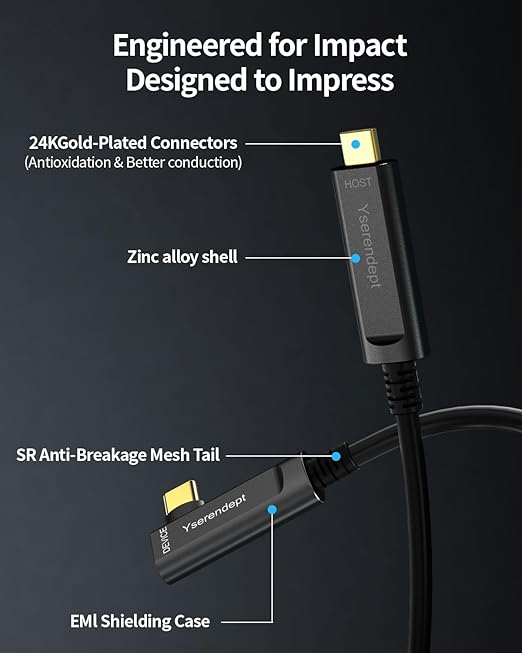 Fiber Optic USB C Cable 50ftRight Angle 10Gbps Active Optical Data Transfer for 4K CamerasWebcamsHubsHDDsVR/ARProjectors &amp Medical Systems