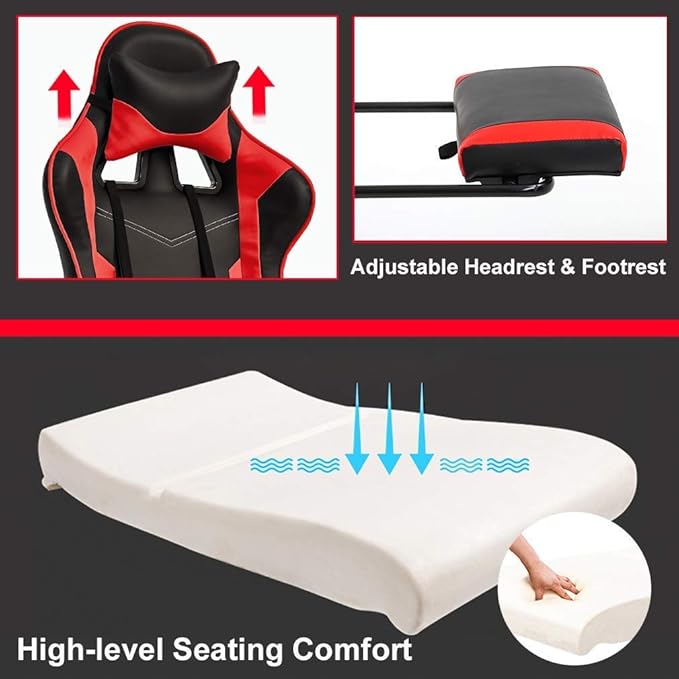 Gaming Chair Video Game Chair with Lumbar Support and Footrest Height Adjustable Ergonomic Computer Gaming Chair with 360° Swivel Seat and Headrest and for Office or Gaming (Red)