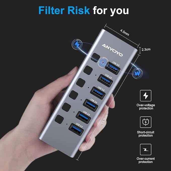 Powered USB Hub with TF/SD Card Reader 8-Port USB 3.0 Hub with 6 USB 3.0 Data Ports USB Spilter with Individual On/Off SwitchesAluminum USB Hub with AC Adapter for PC Desktop MacBook