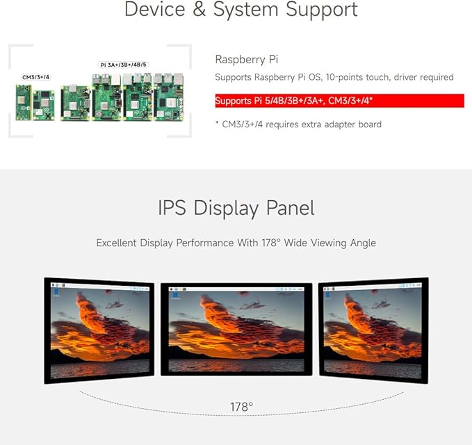 waveshare 10.1inch Capacitive Touch Display Compatible with Raspberry Pi 5/4B/3B+/3A+ CM3/3+/4* 1280×800 IPS DSI Interface