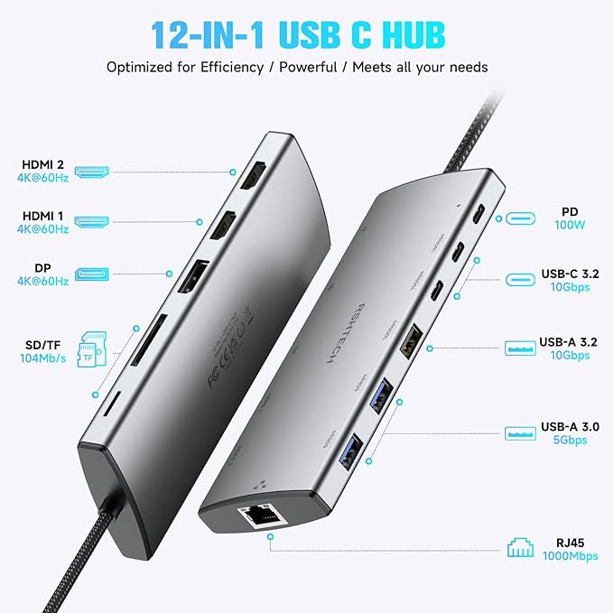 RSHTECH USB C Hub Docking Station Dual Monitor 12 in 1 Triple Display Multiport Adapter with 2 HDMI 4K DP 3 USB 3.2 10Gbps 2 USB 3.0 Ports 100W PD Gigabit Ethernet SD/TF for MacBook Laptops