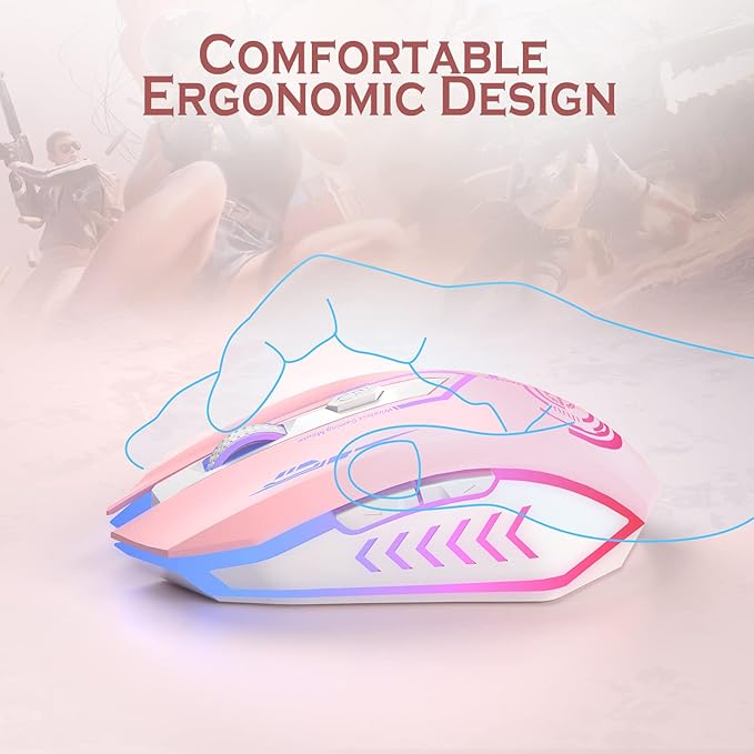 UHURU Gaming Mouse Wireless Gaming Mouse with 6 Buttons 7 Changeable LED Color up to 10000 DPI Rechargeable USB Gamer Mouse for PC Laptop (Pink)