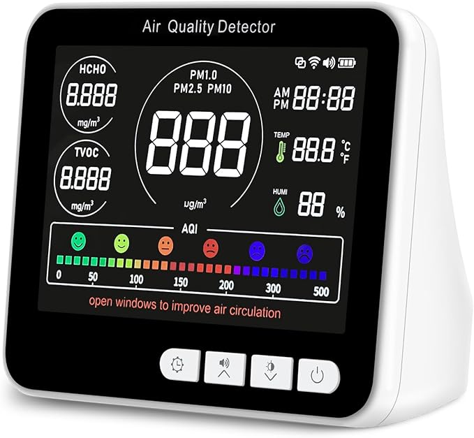 14 in 1 Air Quality Monitor Indoor with Beep Alarm 6 AQI Air Quality Detector with PM1.0|PM2.5|PM10|HCHO|TVOC|AQI|Temperature|Humidity|Time for Home Hotel Office Car Battery Powered Air Monitor