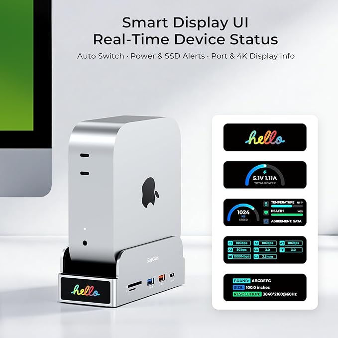 RayCue SmartDock Pro for Mac mini M4 Dock Stand with M.2 NVMe SSD Enclosure 4K 60Hz HDMI 10Gbps USB-C/A Gigabit Ethernet SD/TF Card Readers – Space-Saving Vertical Hub Compatible with Mac mini