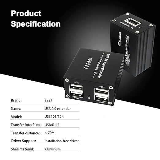 USBExtender Over RJ45 Cat5E/6 up to 230ft Ethernet Cable Extender with Power Adapter with 4 USB2.0 Output - Full USB 2.0 Support for Keyboard DongleMouse Webcam and All Operating System 104