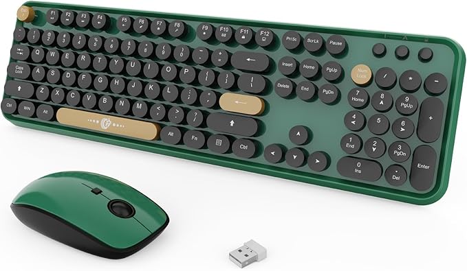 FOPETT Wireless Keyboard and Mouse Combo 104 Keys Full-Sized 2.4 GHz Round Keycap Colorful Keyboards USB Receiver Plug and Play for Windows Mac PC Laptop Desktop (Black Green)