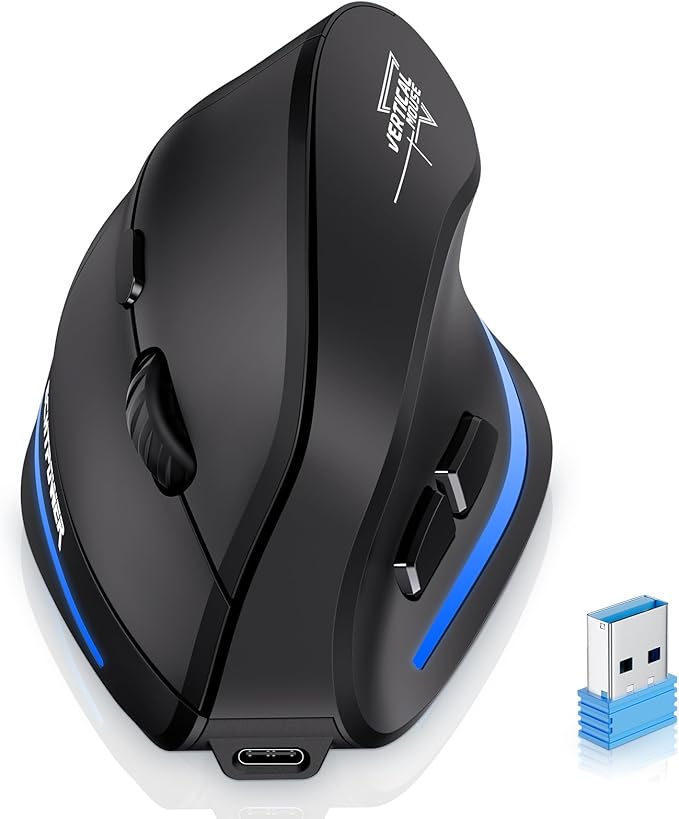 ECHTPower Ergonomic Wireless Mouse Bluetooth Vertical Mouse with LED Light Control Up to 3 Devices (BT5.0+BT5.0+2.4GHz) Adjustable DPI 2400/1600/1000 for PC Laptop Mac Windows