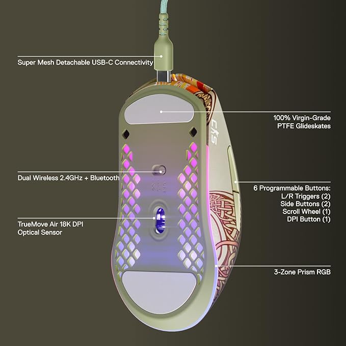 SteelSeries Wireless Gaming Mouse CS2 Dragon Lore Edition — Counter-Strike — 2.4GHz &amp Bluetooth — 18K DPI TrueMove Air Optical Sensor — Up to 200 HR Battery — 80M Click Durability
