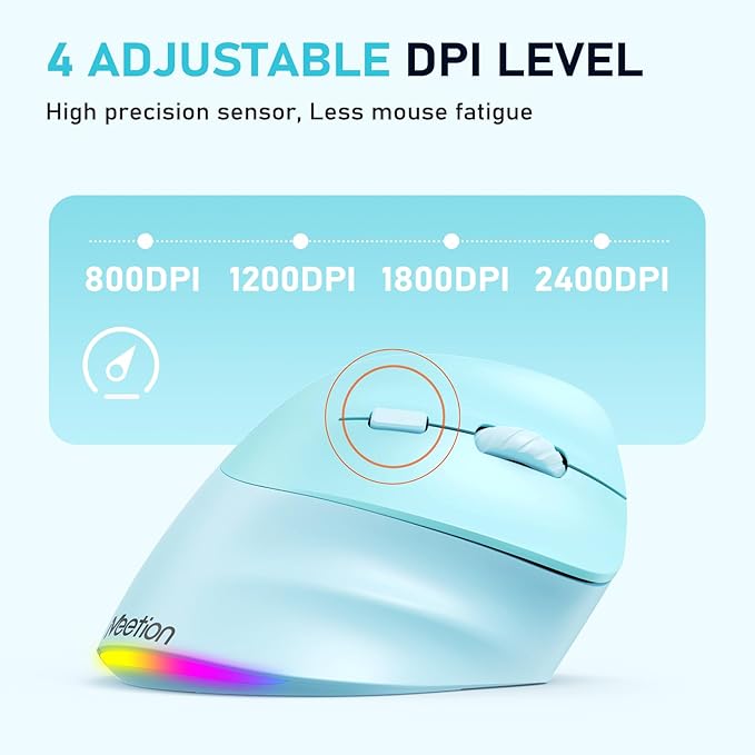 MEETION Ergonomic Mouse Wireless Vertical Mouse RGB Backlit Rechargeable Mice for Bluetooth(5.2 + 3.0) &amp USB-A with Type-c Adapter 4 Adjustable DPI Mac/Windows/Andriod/PC/Tablet/iPad Blue