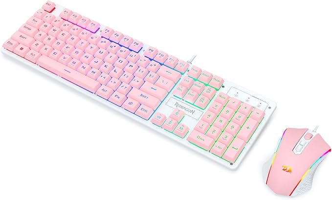Redragon Updated S107WP Gaming Keyboard and Mouse RGB Gaming Keyboard and 10000 DPI Mouse Combo with 25-Key Anti-Ghosting 1K Hz Programmable Mice with Software Plug &amp Play to PC Laptop - Pink