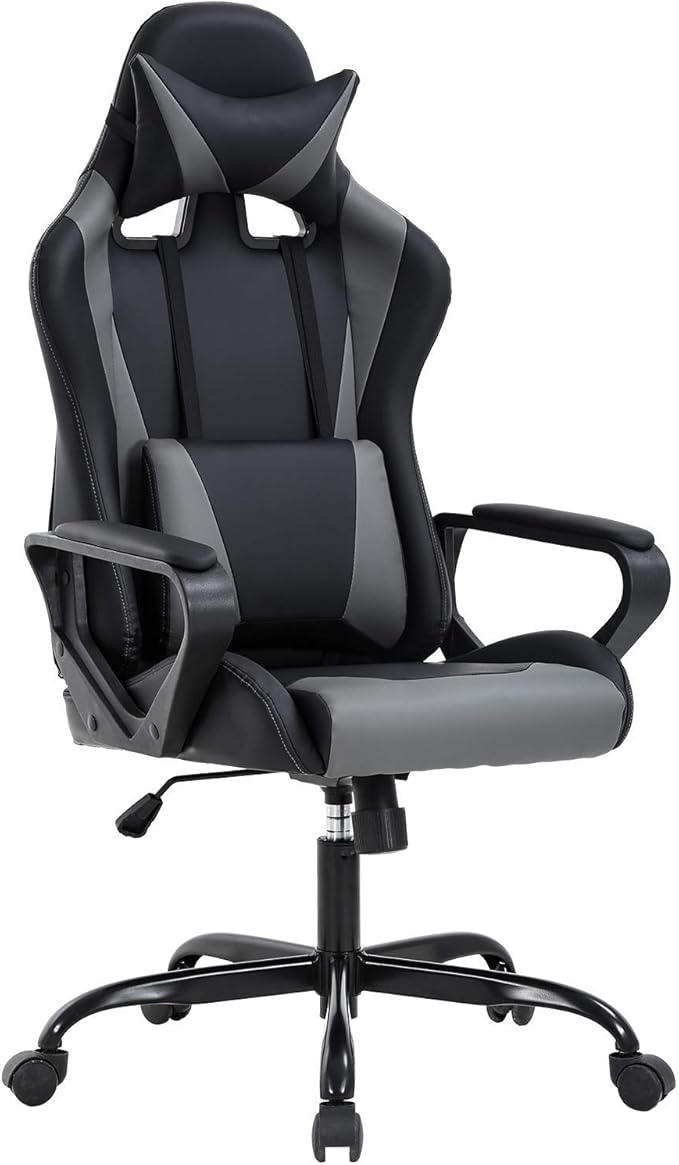 Gaming Chair Computer Gamer Racing Chair High Back Video Game Chair Leather Gaming Chair Ergonomic Adjustable Swivel Racing Chair with Headrest and Lumbar Supportfor Back Pain WomenMen (Grey)