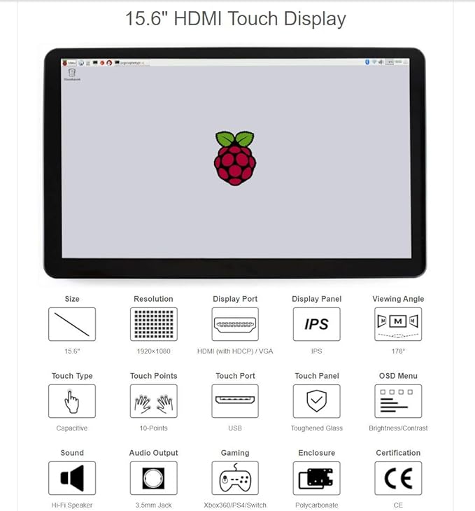 waveshare 15.6inch Capacitive Touch Screen LCD with Case Compatible with Raspberry Pi4B/3B+/3A+/2B/B+/A+/Zero/Zero W/WH/Zero 2W CM3+/4 1920×1080 Resolution HDMI IPS Supports Jetson Nano/Windows